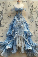 Vintage Ball Gown Strapless Off The Shoulder Blue Lace Evening Prom Dresses Party Dresses