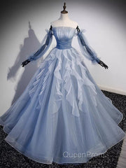 Vintage Ball Gown Strapless Satin Dusty Blue Tulle Long Evening Prom Dresses Formal Dresses