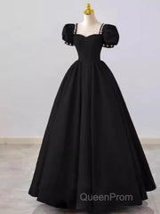 Vintage Ball Gown Sweetheart Satin Black Long Evening Prom Dresses Formal Dresses
