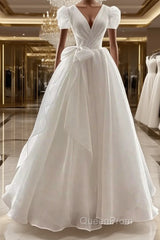 Vintage Ball Gown V Neckline Chiffon White Long Wedding Dresses Brides Dresses