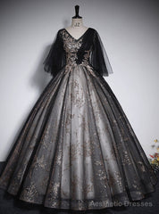 Vintage Black Tulle Sequins V-neck Quinceanera Dress
