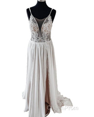 Vintage Boho V Neck Split Wedding Dresses Lace Embroidery