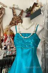 Vintage Fashion A Line Spaghetti Straps Blue Floor Length Evening Dresses Evening Prom Dresses