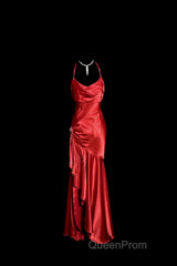 Vintage High Low Halter Satin Red Evening Prom Gown Fairy Long Evening Prom Dresses