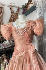 Vintage High Low Short Sleeves Flowers Evening Dresses Evening Prom Dresses