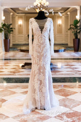 Vintage Lace Long Sleeve See Through Back Nude Mermaid Wedding Dresses,