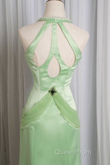 Vintage Light Green Mermaid Halter Satin Beaded Long Evening Prom Dresses