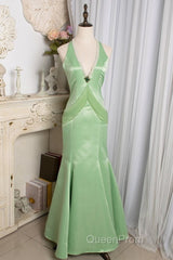 Vintage Light Green Mermaid Halter Satin Beaded Long Evening Prom Dresses