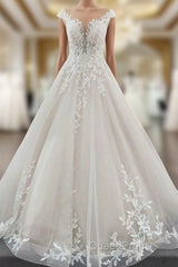 Vintage Long A-line Jewel Tulle Ruffles Wedding Dresses with Lace Appliques