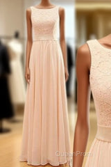 Vintage Long Column Lace Top Bateau Neck Sleeveless Blush Pink Zipper Back Maxi Bridesmaid Dresses,