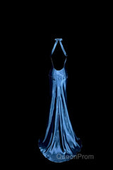 Vintage Mermaid Halter Neck Blue Satin Backless Evening Prom Gown Fairy Evening Prom Dresses