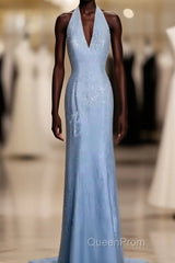 Vintage Mermaid Halter Neck Blue Sequin Evening Prom Gown Fairy Evening Prom Dresses