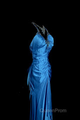 Vintage Mermaid Halter Neck Royal Blue Satin Backless Evening Prom Gown Fairy Evening Prom Dresses