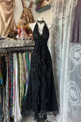 Vintage Mermaid Halter Sleeveless Long Black Lace Evening Dresses Evening Prom Dresses