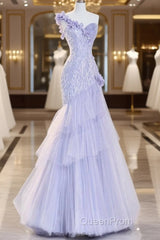 Vintage Mermaid One Shoulder Lilac Tulle Satin Long Evening Prom Dresses Party Dresses