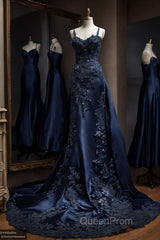 Vintage Mermaid Spaghetti Straps Navy Blue Satin Long Evening Prom Dresses Party Dresses