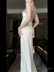 Vintage Mermaid Spaghetti Straps White Satin Long Birthday Dress Prom Dresses
