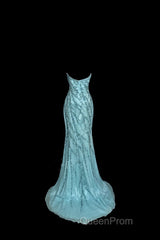 Vintage Mermaid Strapless Tulle Blue Beads Long Evening Prom Gown Fairy Evening Prom Dresses