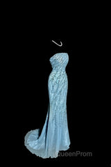 Vintage Mermaid Strapless Tulle Blue Beads Long Evening Prom Gown Fairy Evening Prom Dresses