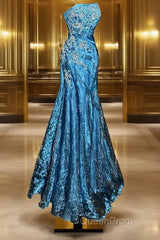 Vintage Mermaid Strapless Tulle Blue Long Evening Prom Gown Fairy Evening Prom Dresses