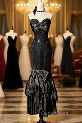 Vintage Mermaid Sweetheart Black Sequin Long Evening Prom Gown Fairy Evening Prom Dresses