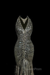 Vintage Mermaid V Neckline Gray Sequin Long Evening Prom Gown Fairy Evening Prom Dresses