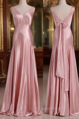 Vintage Mermaid V Neckline Pink Satin Long Evening Prom Dresses Party Evening Dresses