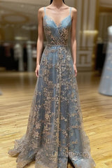 Vintage Evening Prom Dresses 90S, A-line V Neck Sleeveless Sweep Train Tulle Satin Evening Prom Dresses With Appliqued Split