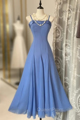 Vintage Soft Blue Spaghetti Strap A-Line Chiffon Birthday Evening Prom Dresses Pretty Graduation Dresses