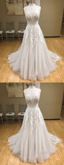 Wh V Neck Tulle Long Evening Prom Dresses, Lace Evening Dresses, White Lace Wedding Dresses