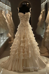 White A-Line Spaghetti Straps Chiffon Satin Long Wedding Dresses With Beaded Appliques Simple Evening Prom Dresses