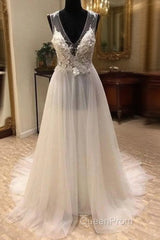 White A-Line Tulle Lace Long Evening Prom Dresses, White Wedding Dresses