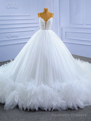 White Ball Gown Spaghetti Straps Pearls Wedding Dress