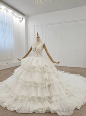 White Ball Gown Tulle Deep V-neck Tiers Appliques Wedding Dress