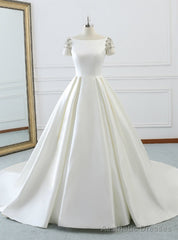 White Bateau Short Sleeve Satin Backless Wedding Dress With Long Train