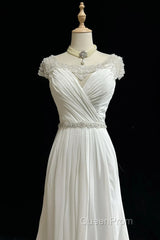 White Elegant A-Line Chiffon V-Neck Long Evening Prom Dresses With Beading Simple Wedding Dresses