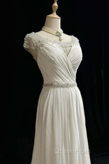 White Elegant A-Line Chiffon V-Neck Long Evening Prom Dresses With Beading Simple Wedding Dresses