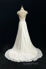 White Elegant A-Line Chiffon V-Neck Long Evening Prom Dresses With Beading Simple Wedding Dresses