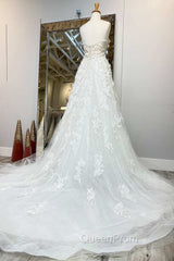 White Floral Applique Sweetheart Long Wedding Dresses With Sweeping Train Beautiful