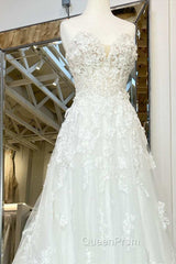 White Floral Applique Sweetheart Long Wedding Dresses With Sweeping Train Beautiful