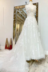 White Floral Applique Sweetheart Long Wedding Dresses With Sweeping Train Beautiful