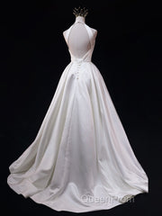 White Halter Simple Satin Backless Long Weddign Party Dresses, White Long Formal Dresses