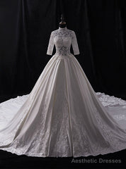 White High Neck Satin Appliques Beading Half Sleeve Wedding Dress