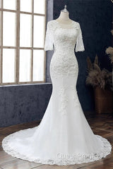 White Jewel Half Sleeve Mermaid Wedding Dresses