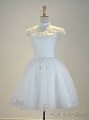 White Knee Length Cap Sleeve Tulle Short Wedding Dress