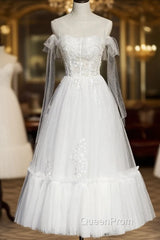 White Lace A-Line Tea Length Evening Prom Dresses