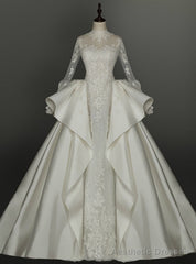 White Lace Satin Long Sleeve High Neck Backless Appliques Wedding Dress