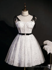 White Lace Straps Homecoming Dress