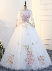 White Long Sleeve Tulle Appliques Beading Quinceanera Dresses