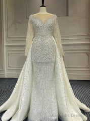 White Mermaid Heavy Beading Long Sleeve Backless Wedding Dress